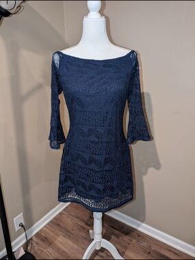 Lulu's Navy Off-Shoulder Lace Mini Dress
